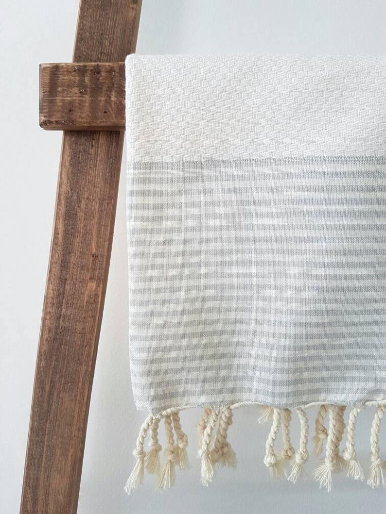 Cotton Hand Towel Stripe Daily Towel Rustic Kitchen Towel White and Grey Tea Towel Natural Dish Towel Small Towel with Tassels image 4