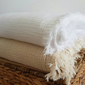 Cotton Gauze Blanket - Huge Family Coverlet - White Natural Blanket - UltraSoft Bedspread - Bohemian Bedroom Style - Wedding Gift