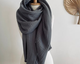 Huge Gray Scarf - Cozy Fall Winter Scarves - Oversized Cotton Gauze Shawl - Soft Muslin Wrap - Gift for Mother - Scarf Blanket