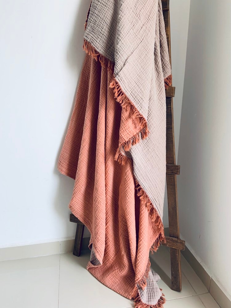 Cotton Gauze Blanket Huge Coverlet With Fringes Naturally Etsy