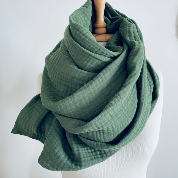 Soft Cotton Blanket Scarf - Green Woman Scarf - Huge Gauze Shawl Wrap - Soft Muslin Wrap - Gift for Mother - Comfy Scarf Blanket