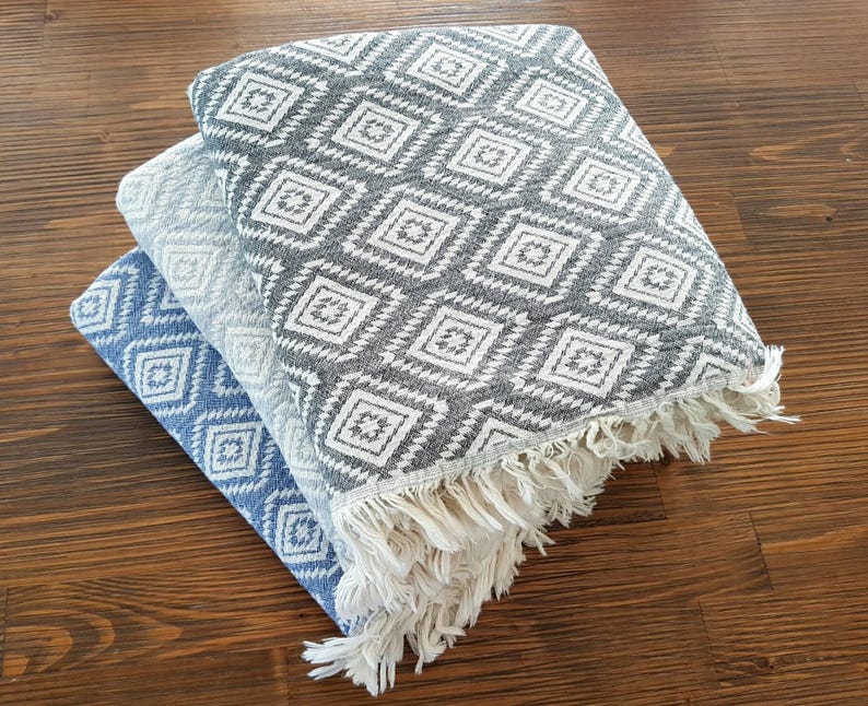 Geometric Blanket Throw 100% Cotton Quilt Bohemian Throw Cozy Couch Throw Natural Home Linen Double-sided Throw image 2