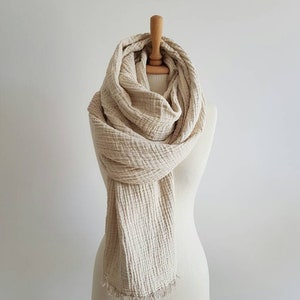 Pastel Beige Oversized Scarf - UltraSoft Comfy Scarves - Cotton Gauze Shawl - Huge Travel Wrap - Double Layer Wrikle Scarf with fringes