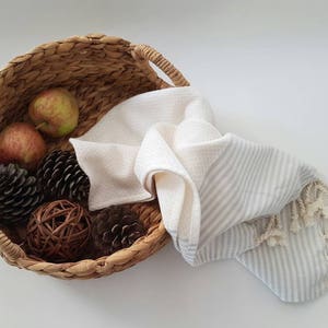 Cotton Hand Towel Stripe Daily Towel Rustic Kitchen Towel White and Grey Tea Towel Natural Dish Towel Small Towel with Tassels image 2