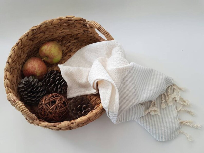 Cotton Hand Towel Stripe Daily Towel Rustic Kitchen Towel White and Grey Tea Towel Natural Dish Towel Small Towel with Tassels image 2