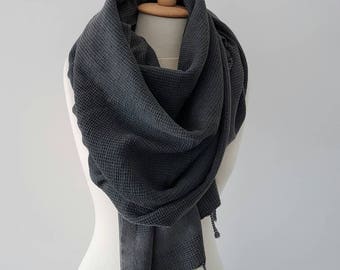 Charcoal Grey Scarf - BohoStyle Wrap - UltraSoft Cotton Scarf - Bohemian Outfit - Stonewashed Tassel Scarf  - Travel Scarf - Grey Scarves