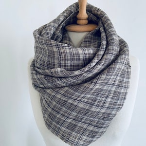 Plaid Linen Scarf - Unisex Linen Shawl - Checkered Wrap Scarf - No Fringes Scarf - Oversized Linen Scarves - Brown Plaid Scarf -