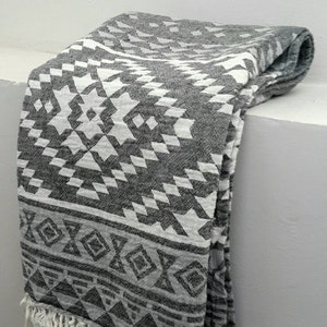 Pure Cotton Gray Towel - Stylish Beach Throw - Yoga Towel Mat in Grey Aztec - Authentic Fouta towel  - Beach Pool Textile