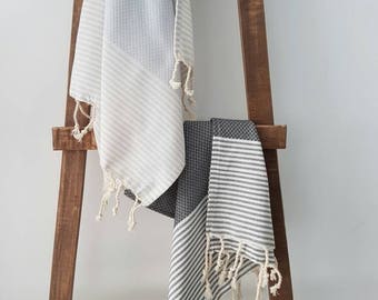 Grey Hand Towel - 100% Cotton Guest Towel - Stripe Daily Towel - Rustic Kitchen Towel - Small Chef Towel - Grey Towel with stripes - Natural