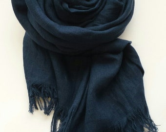 Navy Blue Linen Scarf - Natural Flax Scarf - Indigo Blue scarf - Linen scarf for Men - Organic Linen shawl - Long Summer Wrap - Gift for him
