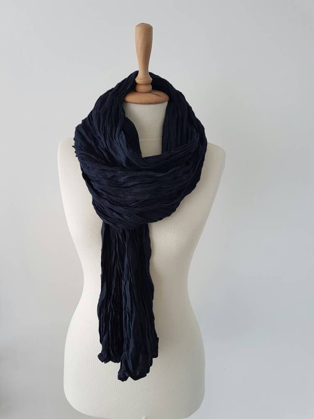 Dark Navy Blue Linen Scarf Wrinkled Bohemian Wrap Scarf for Men Pure