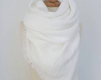 UltraSoft White Scarf - Comfy Huge Shawl - White Woman Scarf - Pure Cotton Oversized Scarf - White Scarf Blanket - Double Layer Gauze Wrap