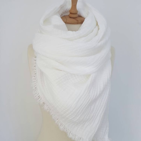 UltraSoft White Scarf - Comfy Huge Shawl - White Woman Scarf - Pure Cotton Oversized Scarf - White Scarf Blanket - Double Layer Gauze Wrap