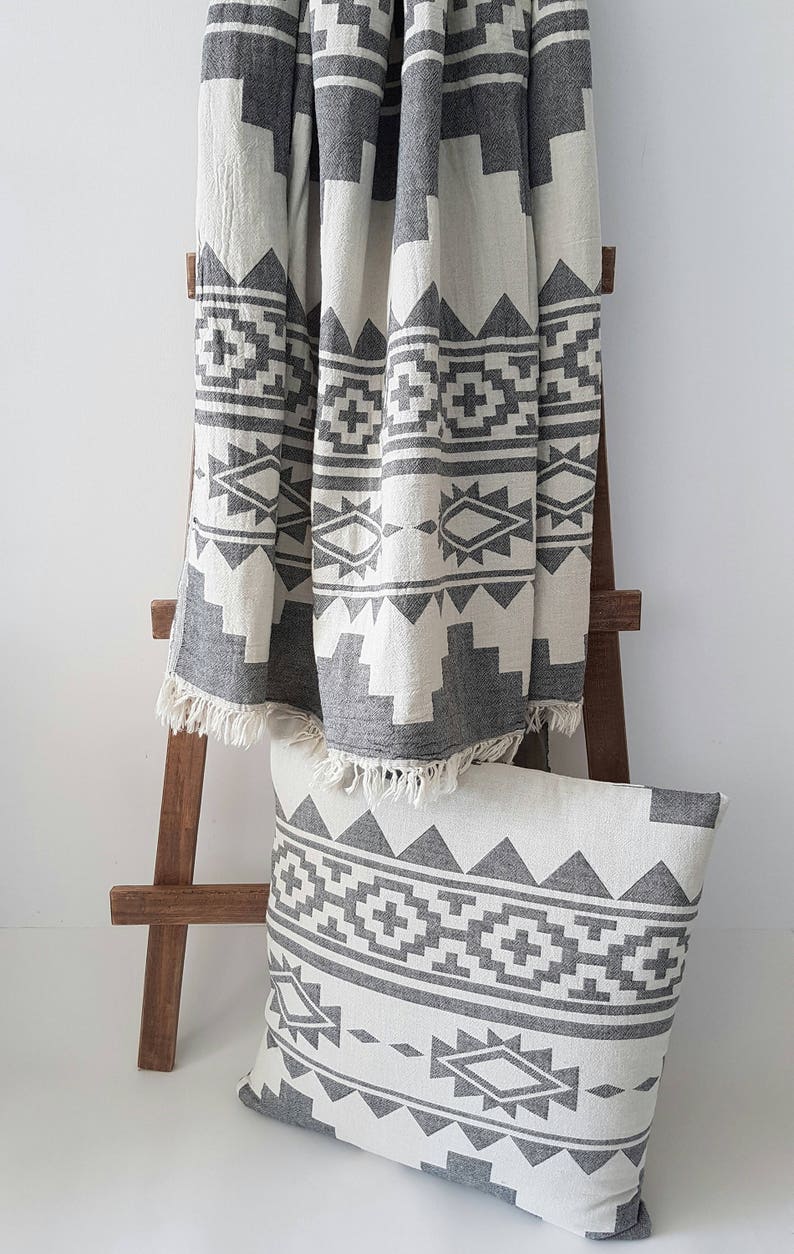 Aztec Throw And Sham Set In Grey White Bohemian Bedding Navajo Modern Coverlet Cotton Quilt