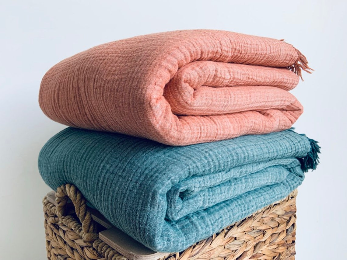 Cotton Gauze Blanket Huge Coverlet With Fringes Naturally Etsy