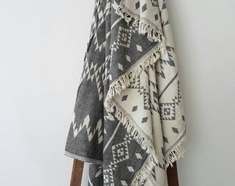 Boho Style Blanket Throw - Stonewashed Cotton throw - Beach Blanket with fringes - Geometric pattern blanket - Double sided throw