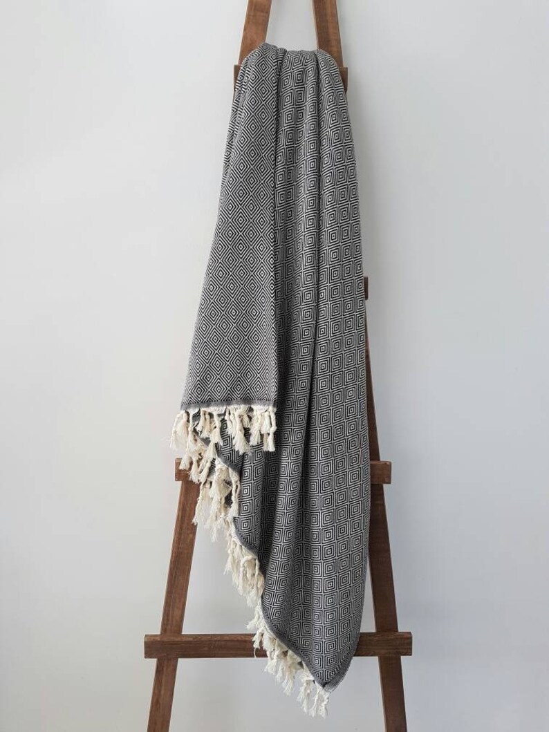 Mustard Black Cotton BedSpread - Woven Diamond Blanket with Fringes - Natural BedCover - Mustard Picnic Blanket Black Bedding image 6