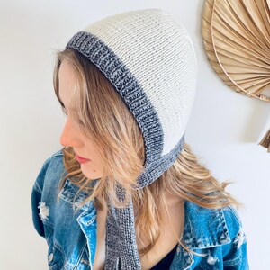 Knit Adult Bonnet Merino Wool Bonnet HandKnit Wool Beannie with ties Gift for Her Warm Winter Hat