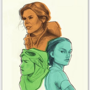 Les personnages principaux de la saga Star Wars : reproduction en carte postale d'un croquis au crayon original