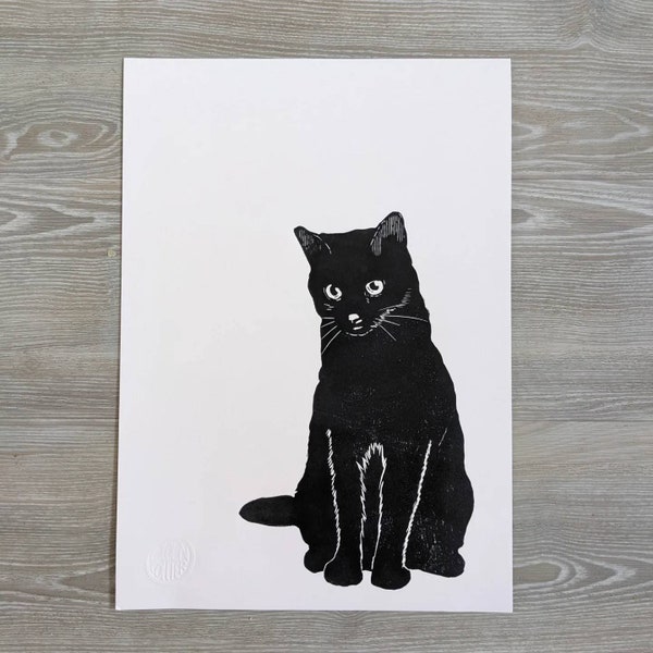 Black cat - Lino print on A3