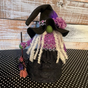 Halloween Witch Gnome: Sparkle Dress, Broom & Spider Decor