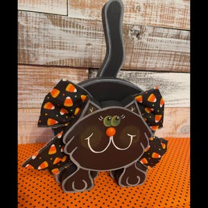 Handmade Halloween Black Cat Decor: Painted Wood Fat Cat with Bow