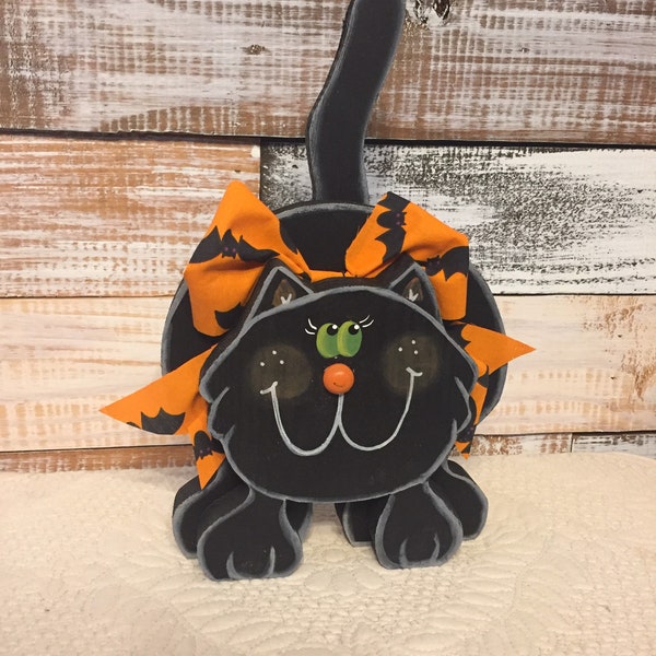 Halloween decor. Halloween black cat. Halloween fat cat. Fun Halloween decor. Handmade and painted Halloween wood decor.