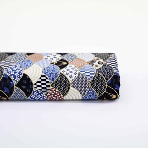 Fabric waves multi-patterned in blue, black, and gray -50cm- Japanese fabric, japanese pattern, japanese waves, Seigaiha, Japanese tradition