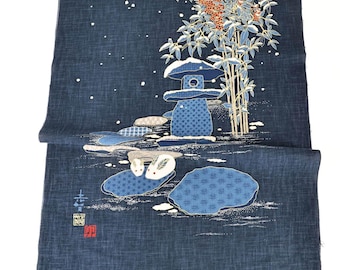 Japanese indigo garden fabric panel with gold - 45cm, Japanese fabrics, hand printed, Noren, block print textile, 手捺染, Japan garden, rabbit