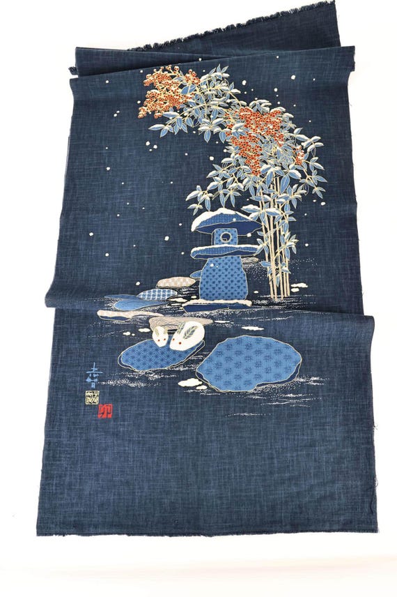 Japanese indigo garden fabric panel with gold - 45cm, Japanese fabrics, hand printed, Noren, block print textile, 手捺染, Japan garden, rabbit