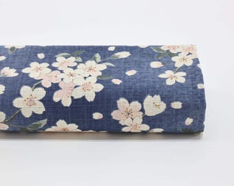 Tela japonesa dobby Sakura con degradado azul marino - 50 cm - Telas japonesas, tela de primavera, color pastel, estampado Sakura, 桜, flor de cerezo