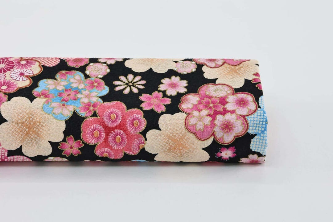 Japanese Crinkled Fabric Ume on Black - 50cm, Japanese Fabric, Japanese ...