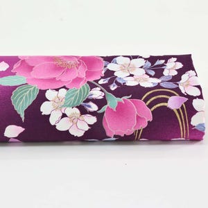 Japanese satin cotton fabric peony sakura on purple - 50cm, Japanese fabric, cotton satin fabric, peony pattern, Sakura, Japanese flower