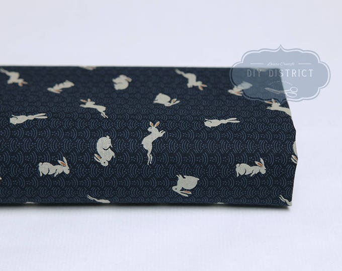 Japanese Fabric Rabbits Navy Blue Background 50cm, Japanese Fabrics ...