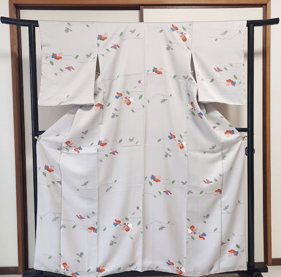 Contemporary gray floral Komon Kimono, Komon Kimon