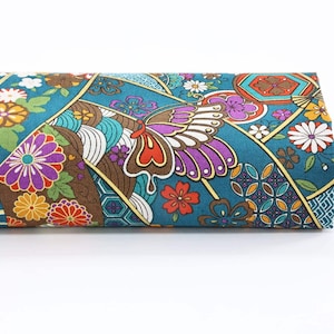 Japanese fabric butterfly Ougi and flowers on teal blue - 50cm, Japanese fabrics, Japanese butterfly, Sakura fabric, golden pattern, Ume