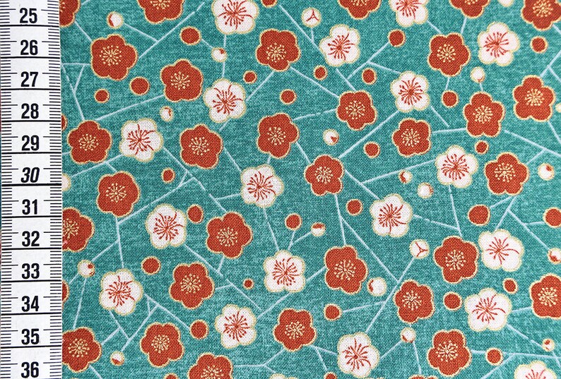 Japanese Ume Fabric on Turquoise Background - 50cm, Japanese Fabrics ...