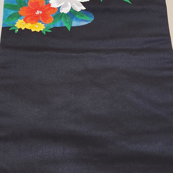 Nagoya Obi embroidered flowers on pearlescent, Japanese Kimono Belt, Japanese OBI, Black Obi, Nagoya black Obi, flower Obi, pearlescent