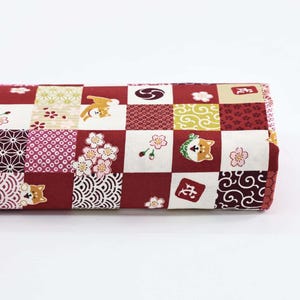 Japanese cotton fabric Shiba Inu and red sakura - 50cm, Japanese fabric, Shiba pattern, Shiba fabric, Shiba and Sakura, Japanese geometric