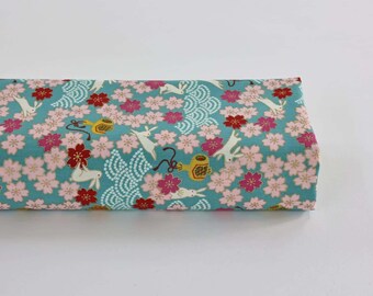 Japanese fabric Usagi and sakura turquoise background - Japanese fabric, Sakura fabric, rabbit fabric, cute rabbit, Kobayshi fabric, kawaii