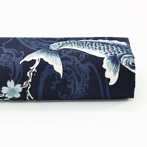 Japanese fabric carps with Sakura on navy blue background -50cm- Japanese fabric, Japanese fabrics, Japanese carp, Japanese fish, Koï fish