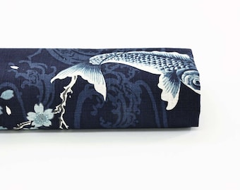 Japanese fabric carps with Sakura on navy blue background -50cm- Japanese fabric, Japanese fabrics, Japanese carp, Japanese fish, Koï fish