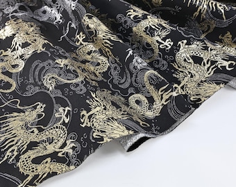 Dragones de brocado jacquard japonés - 50 cm, damasco, textil japonés, motivo de dragón, patrón de ondas, tejido dorado, 西新金蘭, 和柄生地, tejido plateado, fantasía