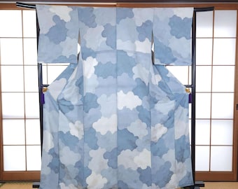 Kimono Komon de jacquard Kiku azul, kimono japonés, crisantemo azul, flores azul claro, tela japonesa vintage, 着物, de segunda mano, brocado