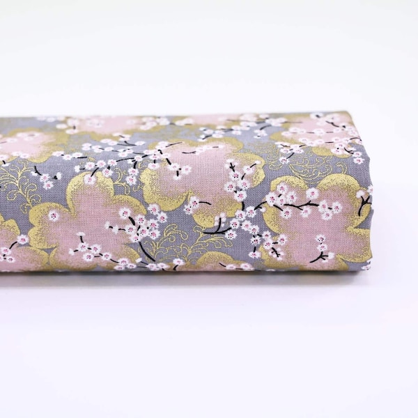Tissu Japonais Ume rose doré fond gris -50cm- Tissus Japonais, tissu prunier, fleur prunier, prunier japonais, prunier doré, tissu fleurs