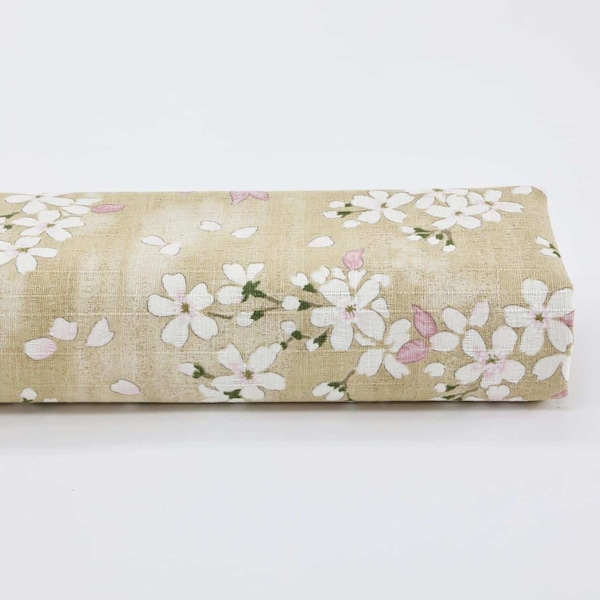 Tissu Japonais cerisier en floraison fond beige - 50cm- tissus Japonais, coton Dobby Japonais, tissu sakura, tissu Hanami, cerisiers rose