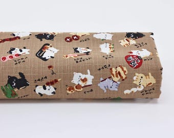 Tela dobby japonesa con gatos Yakitori sobre beige - 50cm, telas japonesas, 招き猫,猫,ねこ,焼き鳥, Neko, patrón Kitty dobby de algodón, brocheta japonesa