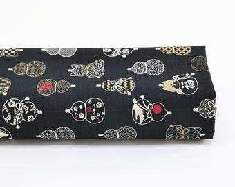 Tela japonesa dobby calabaza Hyōtan negra - 50cm, telas japonesas, 招き猫,猫,ねこ, Neko, algodón dobby patrón Kitty, 瓢箪, botella de sake, kanji