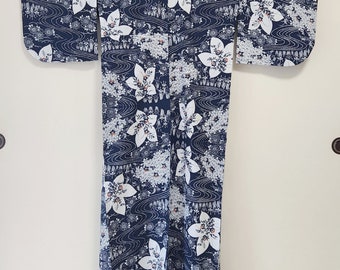 Navy blue Kawa and floral elegance Yukata, Cotton Yukata, Summer Kimono, woman Yukata, Yukata summer, festival cloth, Katazome, Hand printed