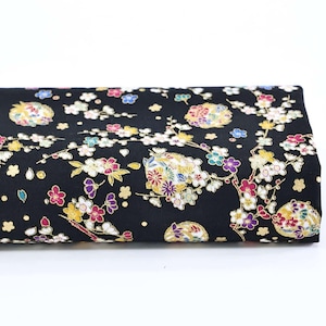 Japanese Fabric Ume and Hana Maru black background - 50cm, Japanese fabric, japan fabric, japan textile, Japanese pattern, golden fabric
